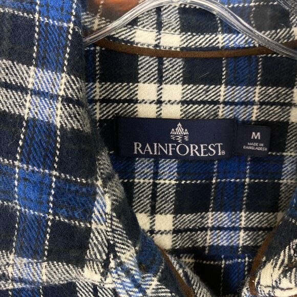 Rainforest Men's Heavyweight Flannel Shirt Size M Blue White Plaid Brown Trim - Picture 3 of 7